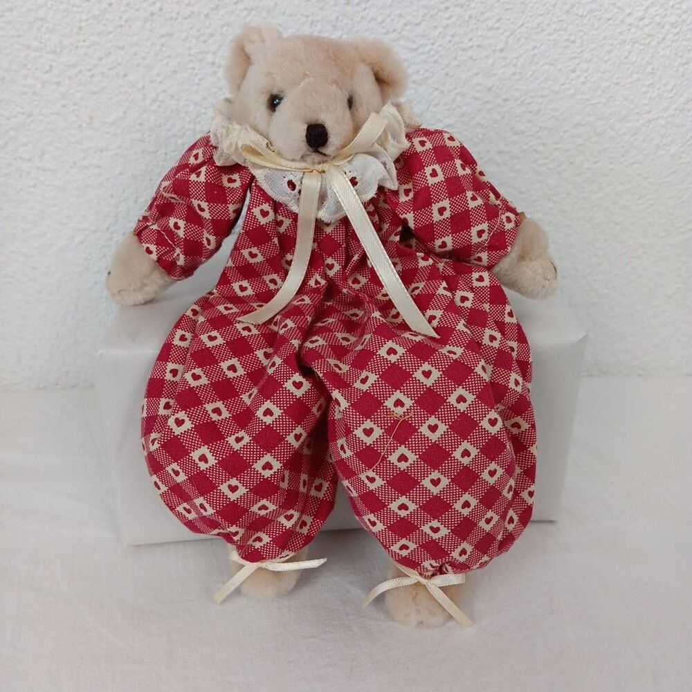Shelf Sitter Bear Plush Red Heart Gingham Americana Craft Handmade Cottage Core